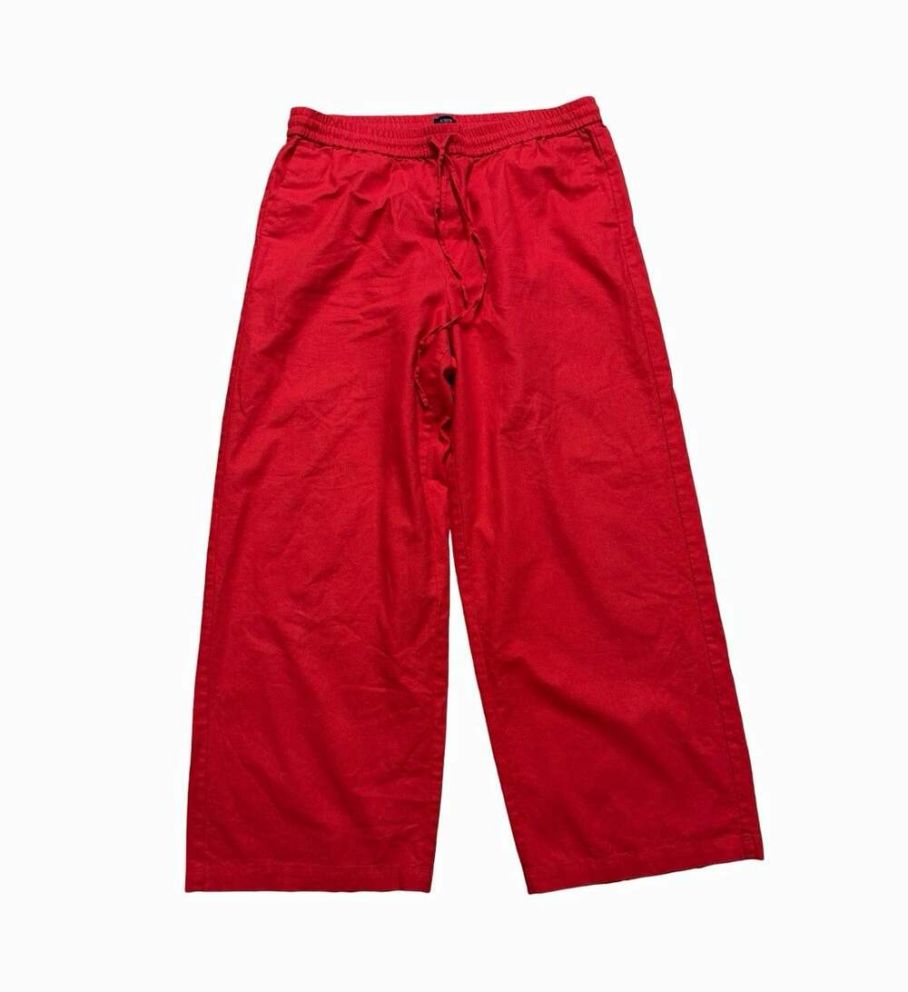 J.CREW Red Linen Cotton Cropped Wide-Leg Pants Drawstring Elastic Waist 14